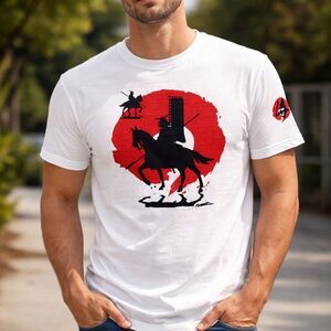 Samurai Graphic T-Shirt Unisex White Japanese Kanji Back Print Red Sun Tee XL